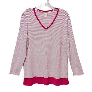 Chico’s Women’s Sz 1 US M Striped Woven-Hem Top Pink & White Rayon Spandex Blend